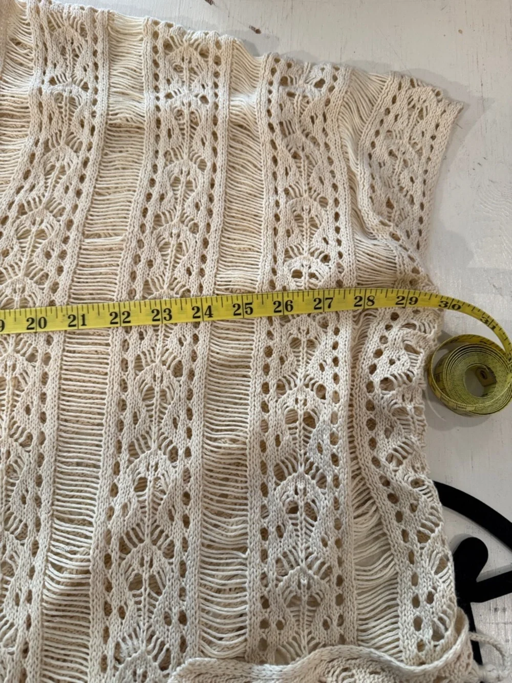 Boho Crochet Knit Poncho Top Cream Lace Open Weave Tie Side Flowy OS